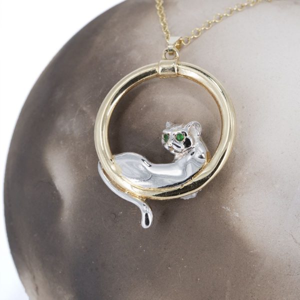Cat in a circle with emeralds pendant 9ct G