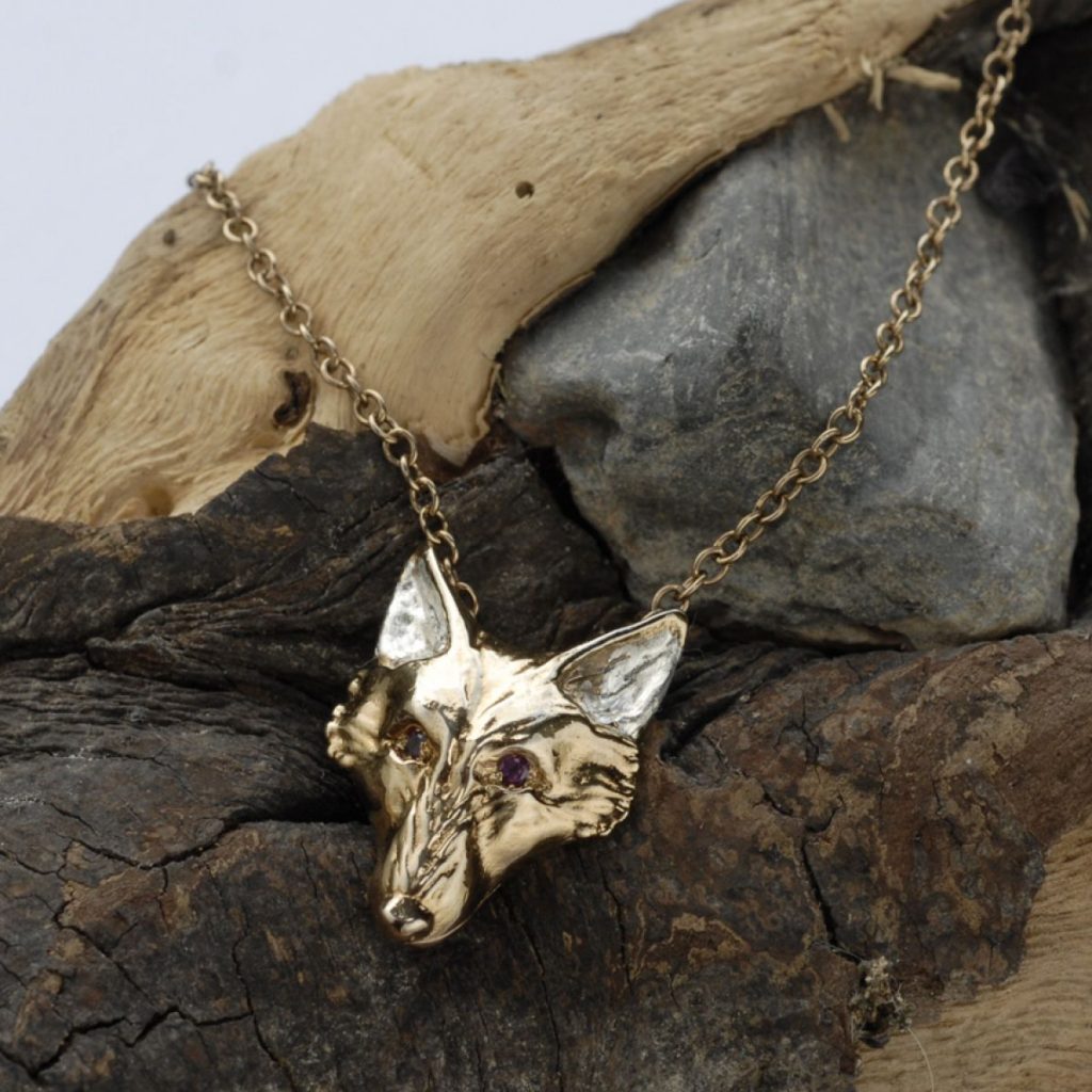 18ct Gold on Silver Large Fox Head Pendant With Rubies