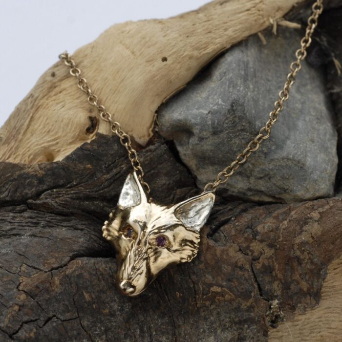 Large Fox Head Pendant in 18ct Gold on Silver with Rubies