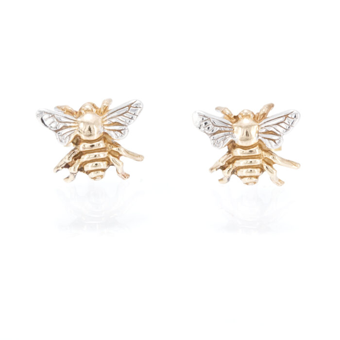 Bee Stud Earrings in Solid Gold and White Rhodium