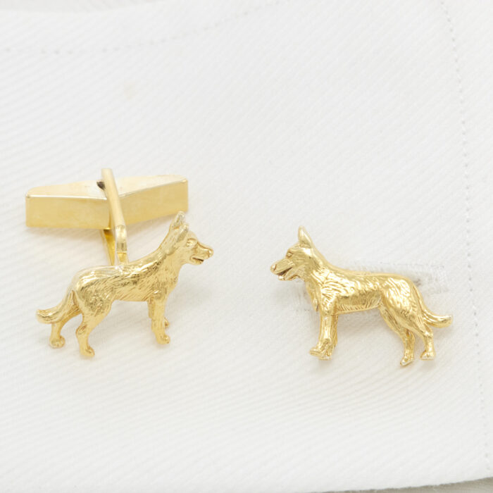 German Shepherd Alsation Cufflinks in Solid Silver and 18 ct Gold